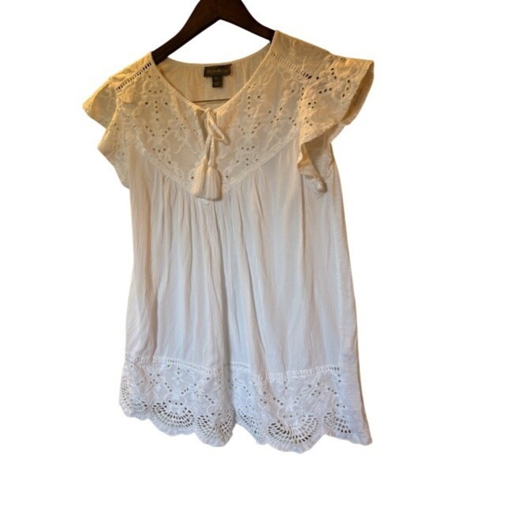 Style & Co White Eyelet Flutter Sleeve Peasant Blouse Tassel Tie PXL Boho